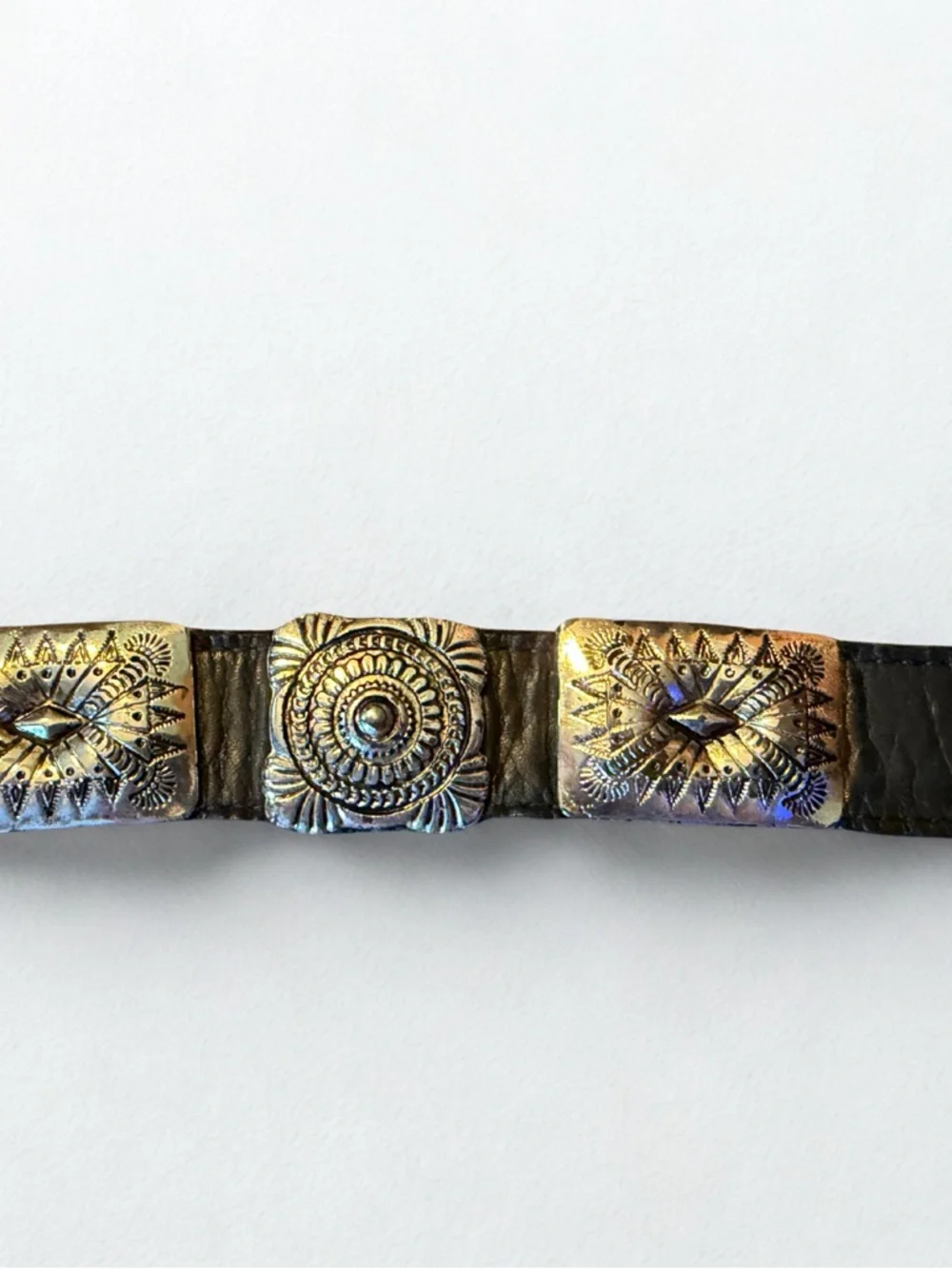 Vintage Western Tooled Leather Belt with Silver Conchos - black